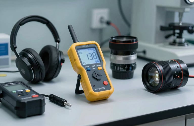 A collection of high-quality safety equipment including a noise meter and a light meter on a clean surface in a South American / Brazilian lab, soft grayish blue lighting.