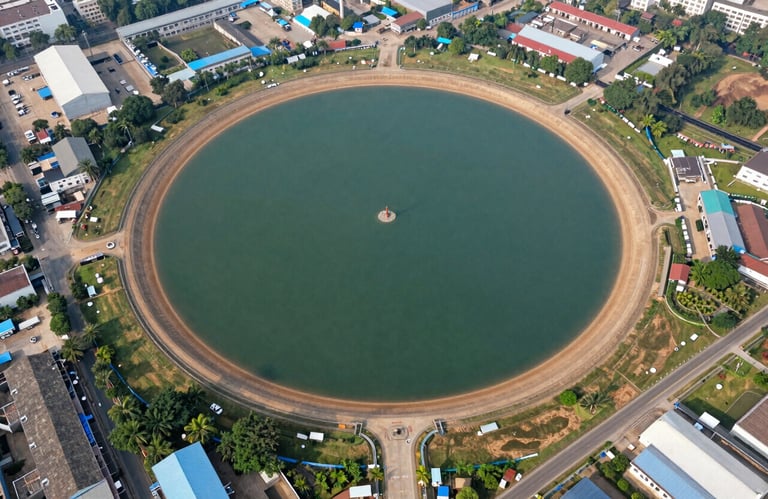 An aerial view of a clean water reservoir in a South Asian industrial zone, surrounded by organized infrastructure and greenery.
