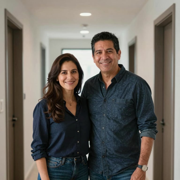 A satisfied Latinoamericano couple standing in their newly remodeled hallway, smiling, soft focus on a modern minimalist interior.