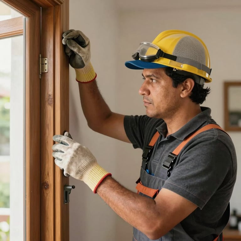 A professional handyman wearing safety gear fixing a wooden door frame, natural lighting, focused composition, Latinoamericano home interior.