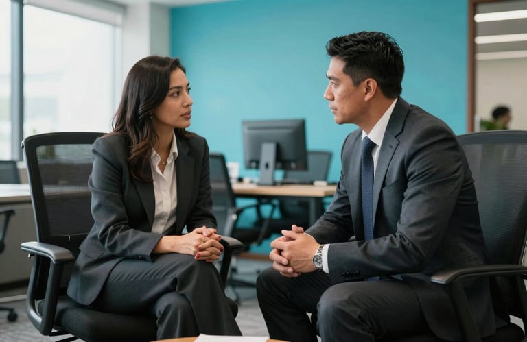 Two North American / Mexican professionals in business attire engaging in a serious strategic discussion in a bright, modern office. Deep charcoal black furniture and bright cyan wall accents.