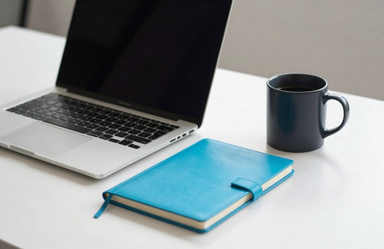 A minimalist and professional desk setup in a North American / Mexican executive office. A sleek laptop, a bright cyan notebook, and a deep charcoal black coffee mug. Sharp focus, clean composition.