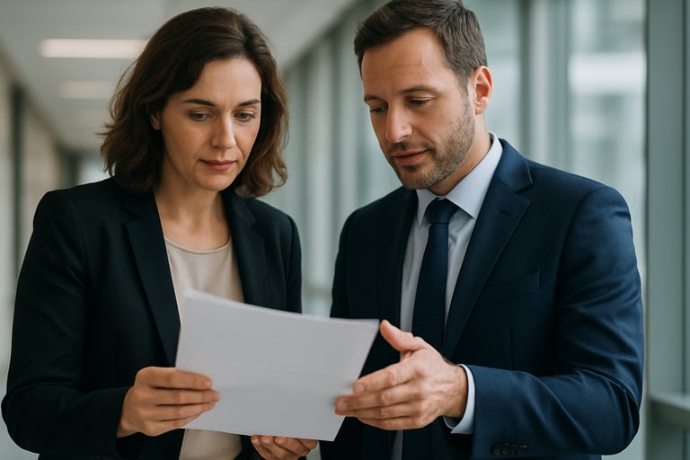 A detail shot of two professionals in European business attire discussing a document in a bright, modern corridor. The focus is on the document and their interaction, conveying support and collaboration.