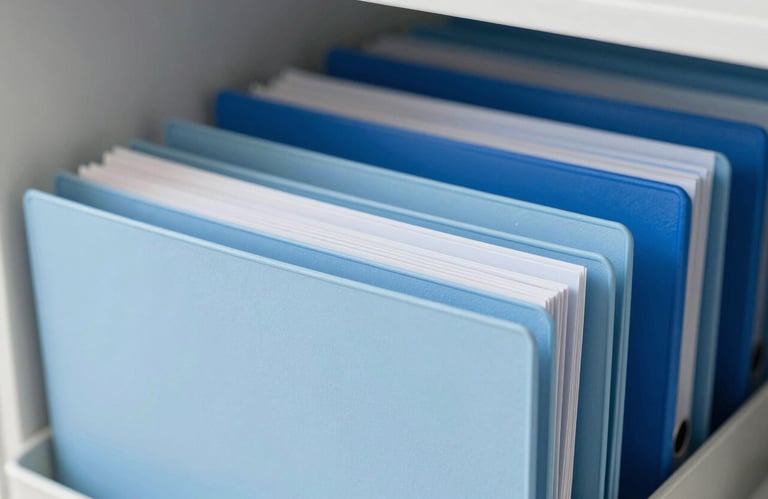 Close-up of a modern, organized filing system in a bright Portuguese office. The folders are in shades of Light Blue and Medium Blue, representing order and specialized administration.