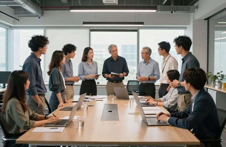A wide shot of a collaborative group of professionals in a modern North American office, standing around a large table engaged in an innovative brainstorming session.