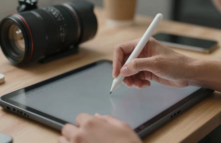 A detail-oriented photography shot of hands using a digital stylus on a high-resolution tablet in a North American creative studio. Soft lighting, professional aesthetic.