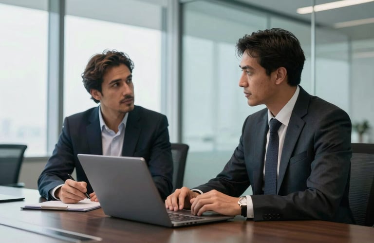 Two business professionals in professional attire having a collaborative meeting in a glass-walled conference room in Dubai. The composition is sleek and authoritative.