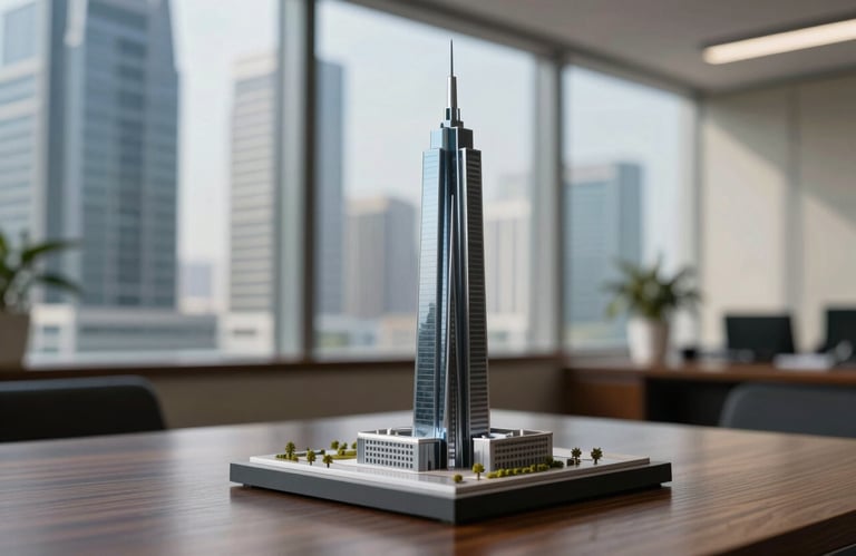 A macro shot of a scale architectural model of a futuristic tower, placed on a dark wood table in a high-end corporate office in the Gulf. The background is a soft-focus view of luxury high-rises.