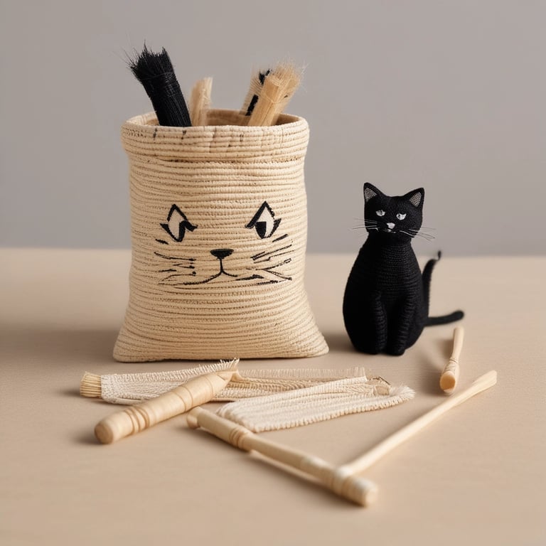 A cozy flat lay of a natural cotton pouch surrounded by wooden brushes, sisal toys, and fresh catnip.