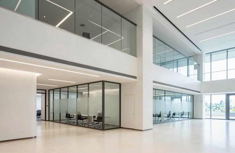 Photography of a modern office interior with clean architectural lines and glass partitions. The lighting is bright and professional, typical of a high-end North American financial institution. Dominant colors are off-white and light blue.