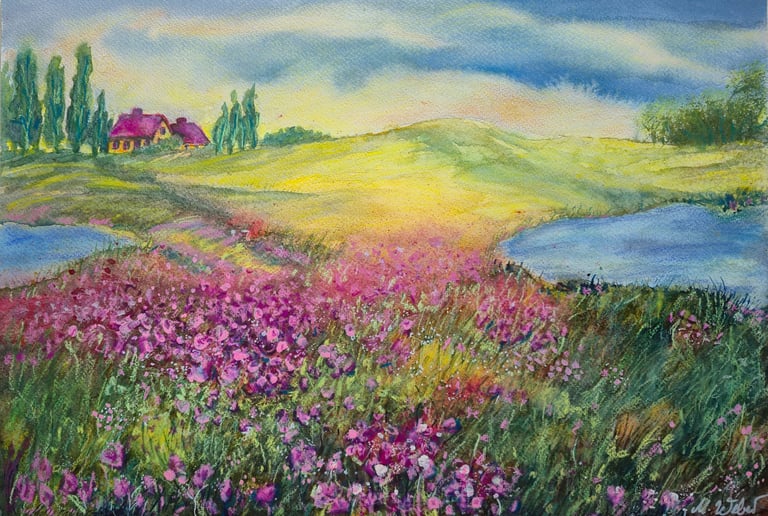 Impressionistisches Pastellgemälde einer ländlichen Landschaft mit violetten Wildblumenfeldern und e