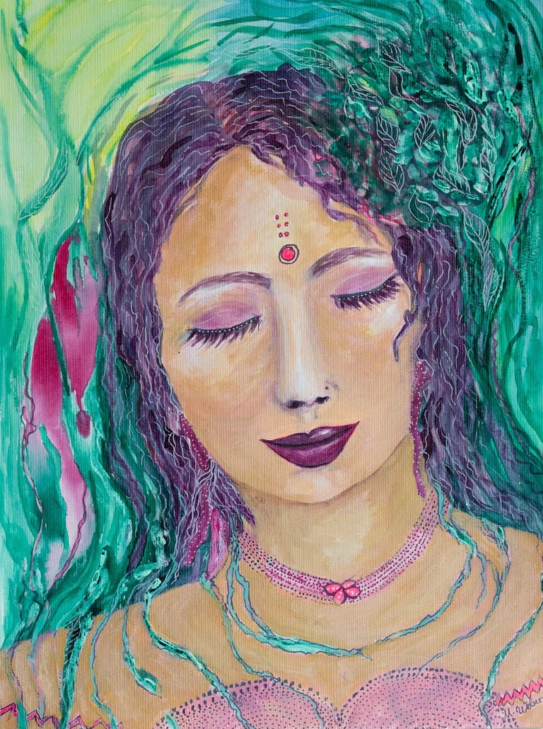 Acrylgemälde einer Frau mit violettem Haar und geschlossenen Augen in einem mystischen grünen Garten