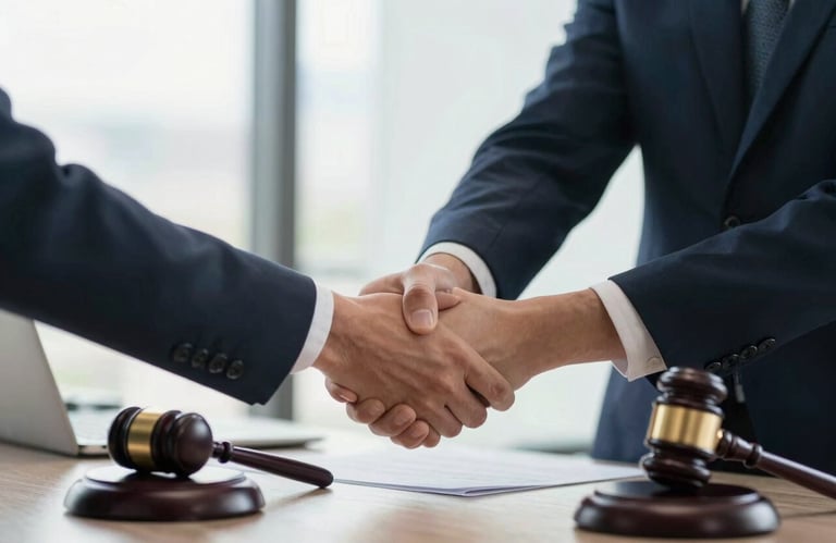 A reassuring handshake between a professional lawyer and a client in a bright South American office, symbolizing trust, partnership, and successful legal counsel.