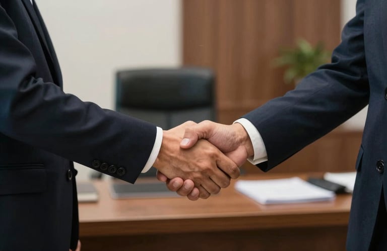 An image of a handshake between two people in business attire in a South American law office, symbolizing a successful agreement and client satisfaction.