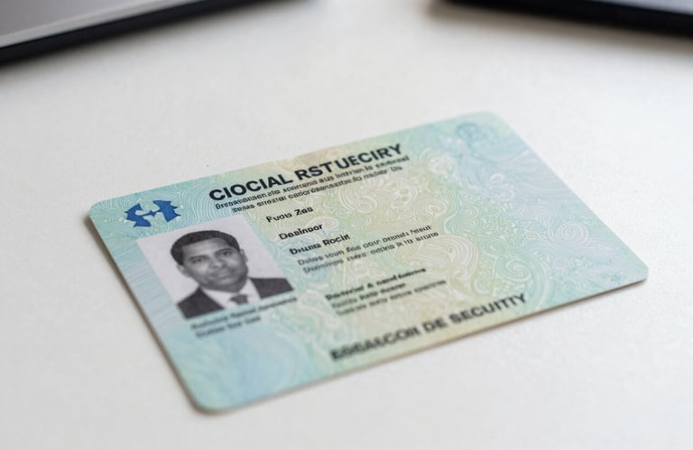 Close-up of a Brazilian professional work permit (CTPS) resting on a clean white table, symbolize social security and labor rights, in a soft natural light setting.