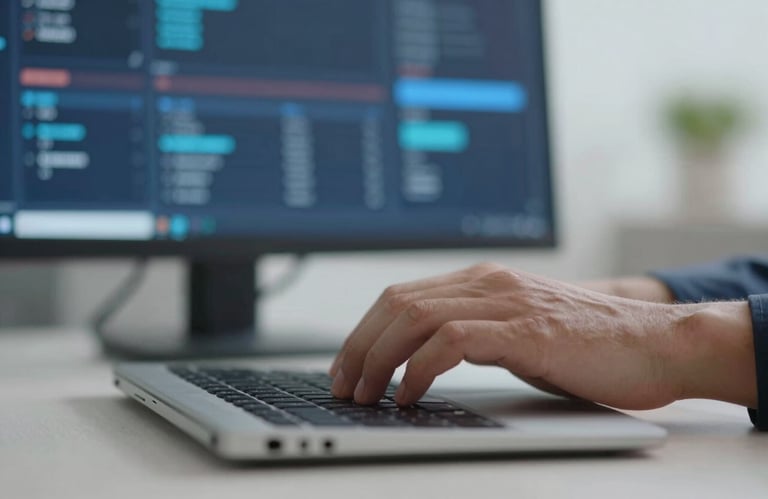 A close-up of a professional agent's hand typing on a modern keyboard with a soft focus on a digital dashboard in the background, featuring #3A6389 brand elements.