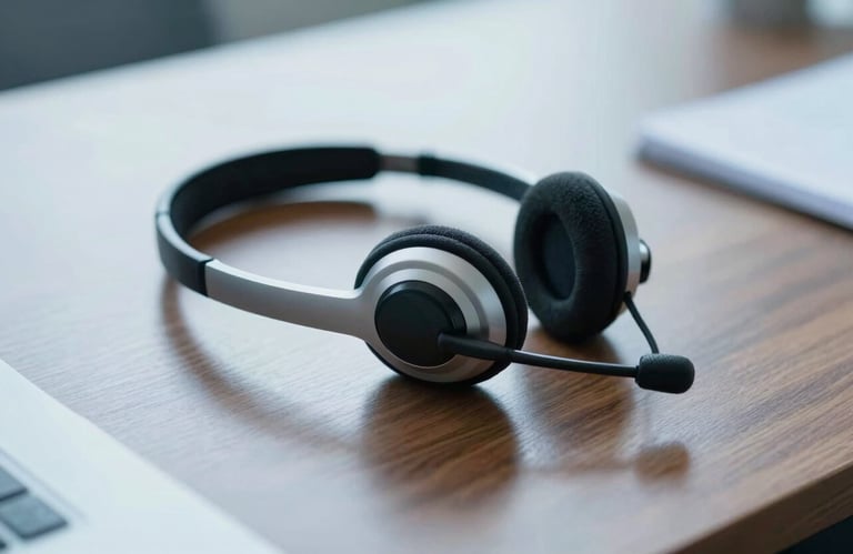 A sleek, professional headset resting on a polished wooden desk, symbolizing ready-to-act communication. The lighting highlights textures with subtle #7DA9CD blue tones.
