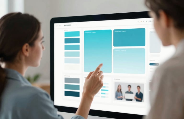 A blurred artistic shot of a creative team collaborating over a digital mood board, with soft focus on a screen showing #9FBECB color swatches and visionary layouts.