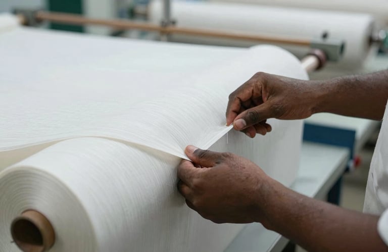 A technician's hands in a South Asian textile lab performing a quality check on a roll of fabric, bright professional lighting, focusing on the detail of the textile fibers.
