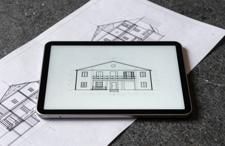 Minimalist photography of architectural blue-prints and a digital tablet on a dark stone surface, professional Southern European aesthetic.