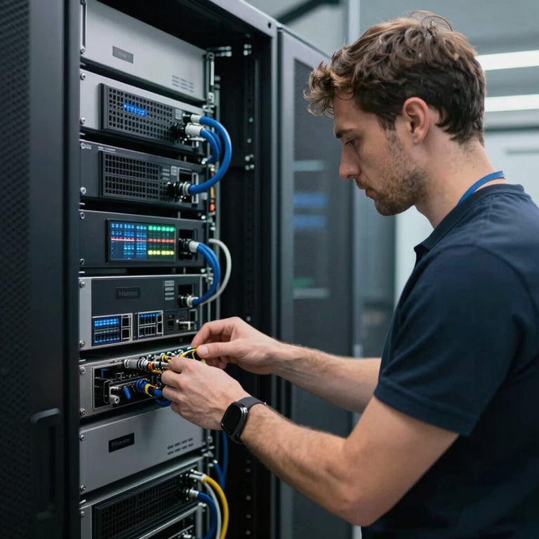 A professional IT technician working with precision on a server rack in a modern Central European data center, reflecting digital innovation.