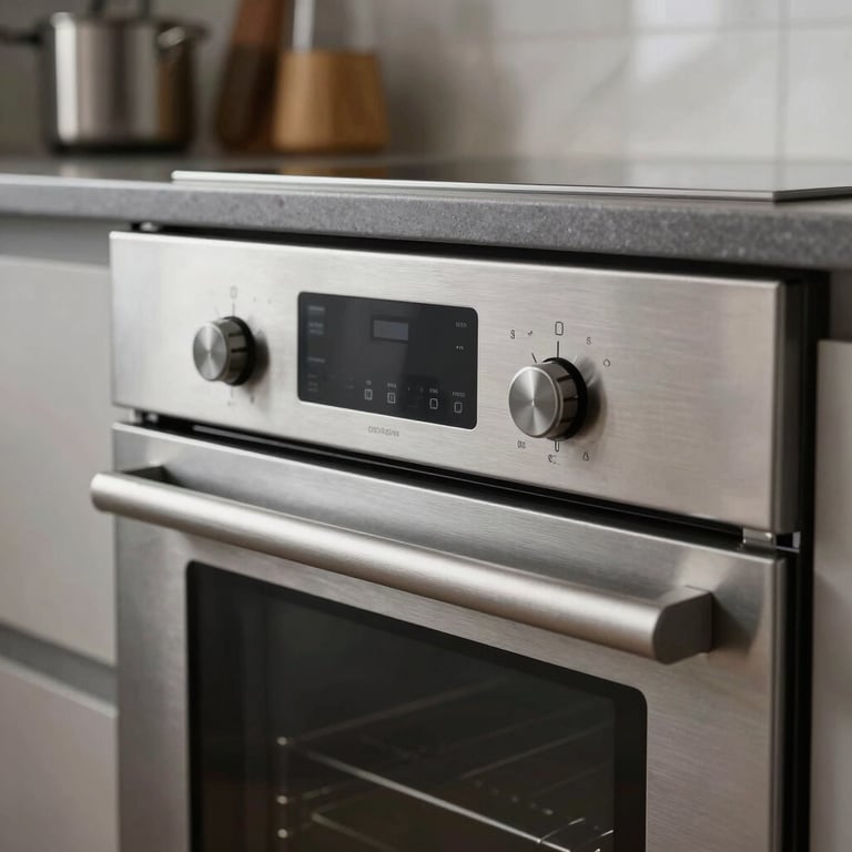 Detailed close-up of a modern, high-tech kitchen oven with a brushed steel finish, set in a contemporary Central European home kitchen with clean surfaces.