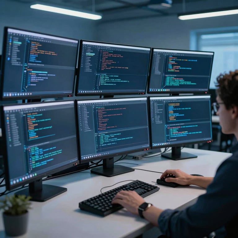 A professional photograph of a developer's workstation with multiple monitors displaying complex code. The room features slate blue ambient lighting in a North American tech office.