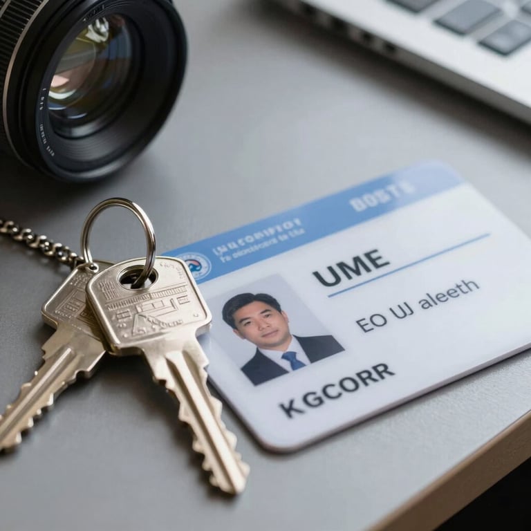 Macro shot of a professional ID security card and keys on a modern desk, steel gray and light blue-gray accents, Western European setting.