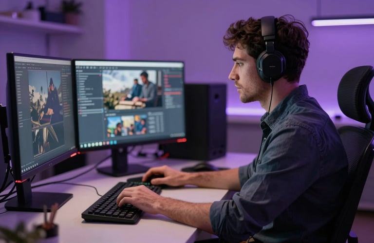 A blurred view of a developer working on a multi-monitor setup in a stylish tech office, North American / International, purple ambient lighting.