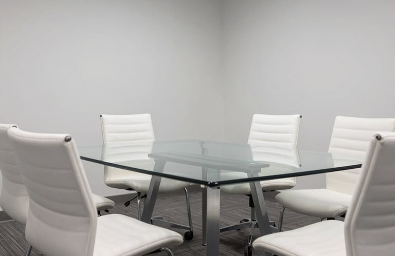 A modern bright conference room with a glass table, North American / International, clean professional atmosphere with minimalist white chairs.
