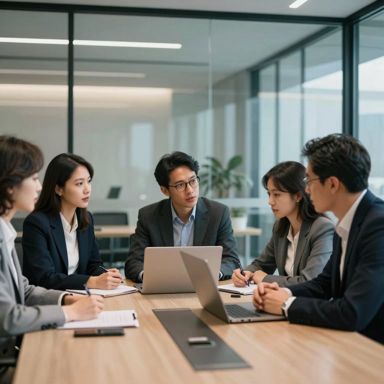 A professional medium shot of a diverse team collaborating in a modern, glass-walled conference room in a North American corporate hub.
