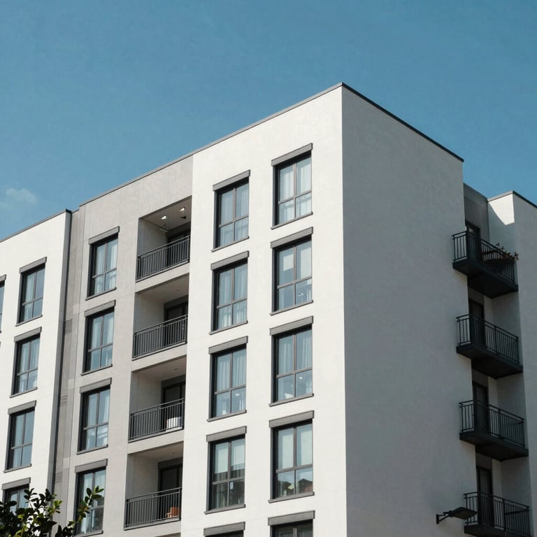 A crisp, exterior photograph of a contemporary North American multifamily apartment building with clean lines and modern architecture under a clear blue sky.