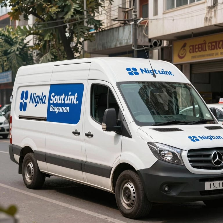 A white pharmaceutical delivery van with blue branding parked in a professional South Asian urban commercial district.