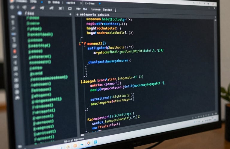 Close-up of clean, efficient lines of code on a monitor in a North American / US developer's home office, sea green syntax highlighting.