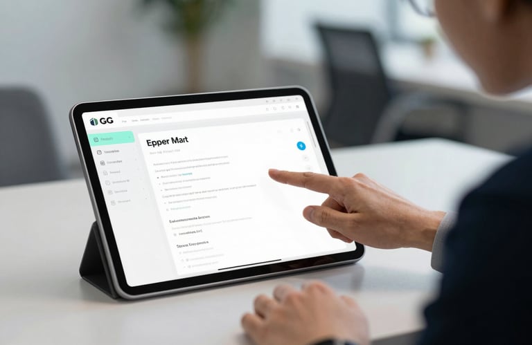 A professional in a North American / US office pointing at a tablet screen displaying a clean UI/UX design, mint white background.