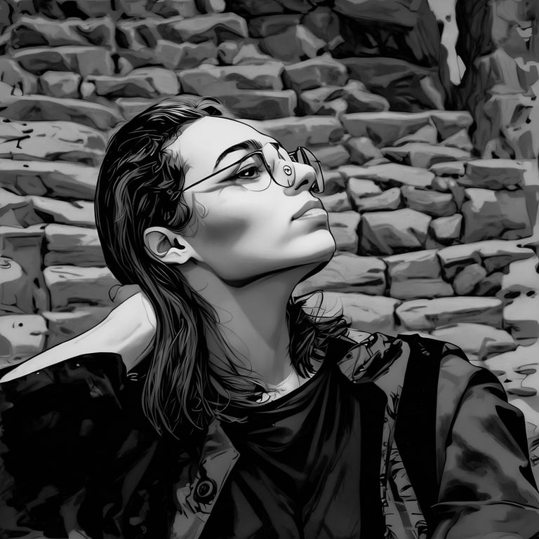Black and white artistic illustration of a woman wearing glasses sitting against a stone wall.