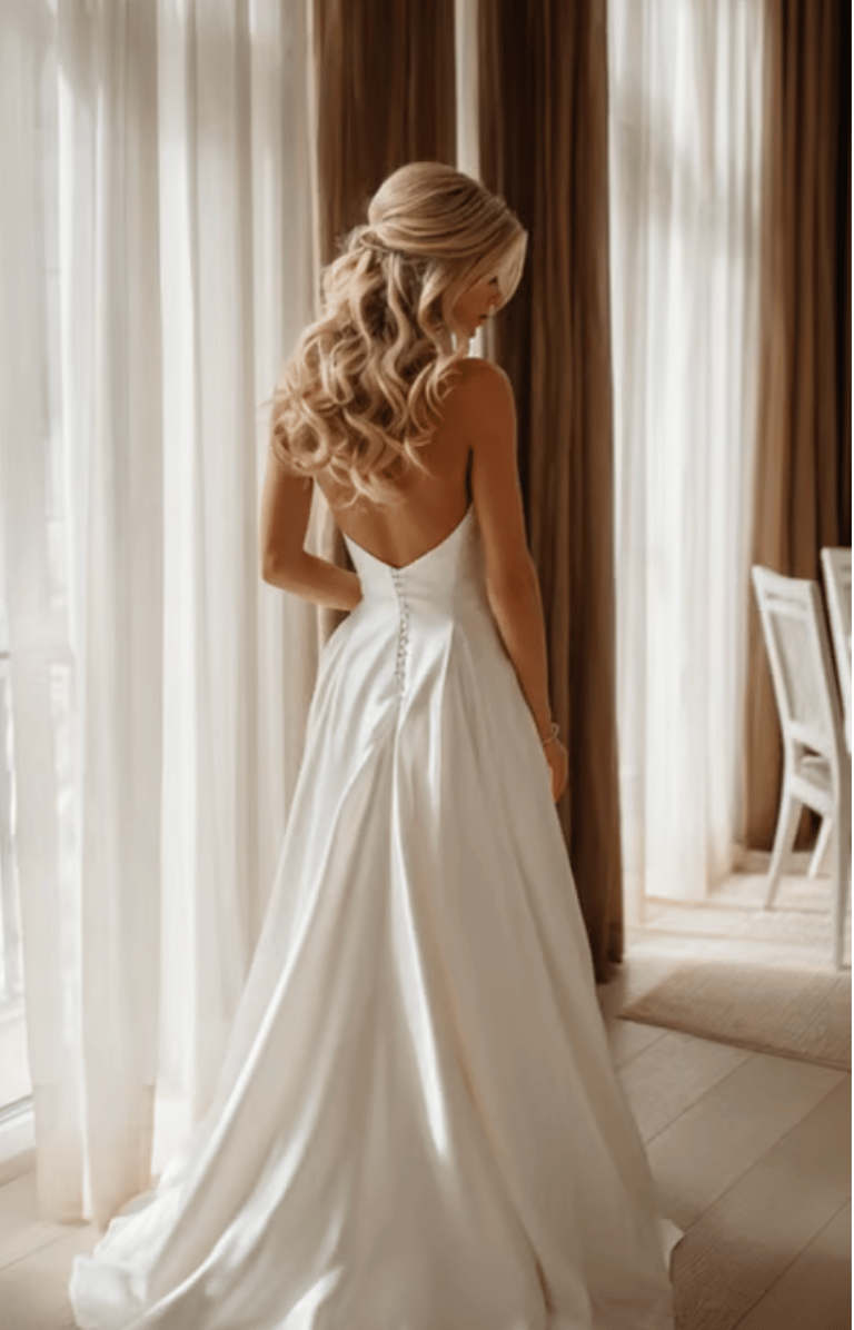 Bridal beauty portrait showcasing polished wedding hair, natural makeup application and timeless 