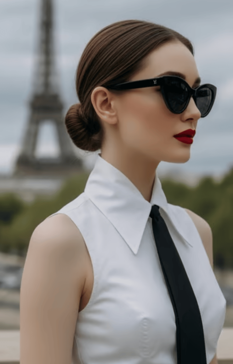 Editorial beauty look with luminous skin, polished brunette waves, and sophisticated styling. Paris
