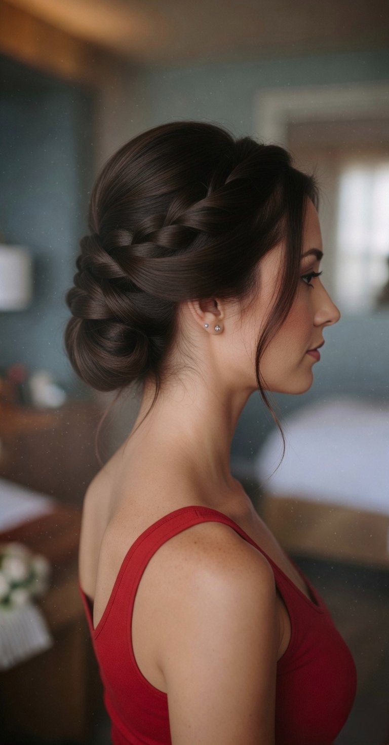 Romantic wedding beauty featuring polished curls and luminous natural skin.
