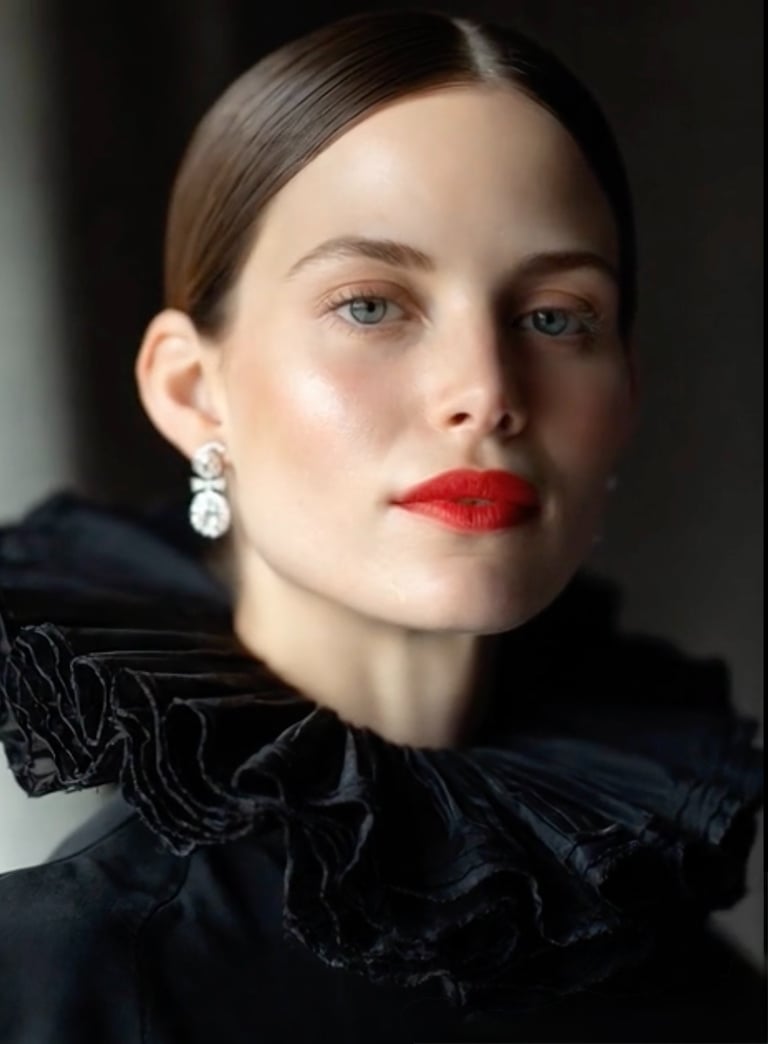 Luxury event hair and makeup featuring glossy waves and soft neutral glam.