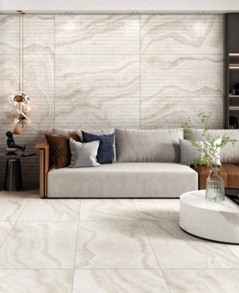 Modern living room with textured porcelain wall and floor tiles