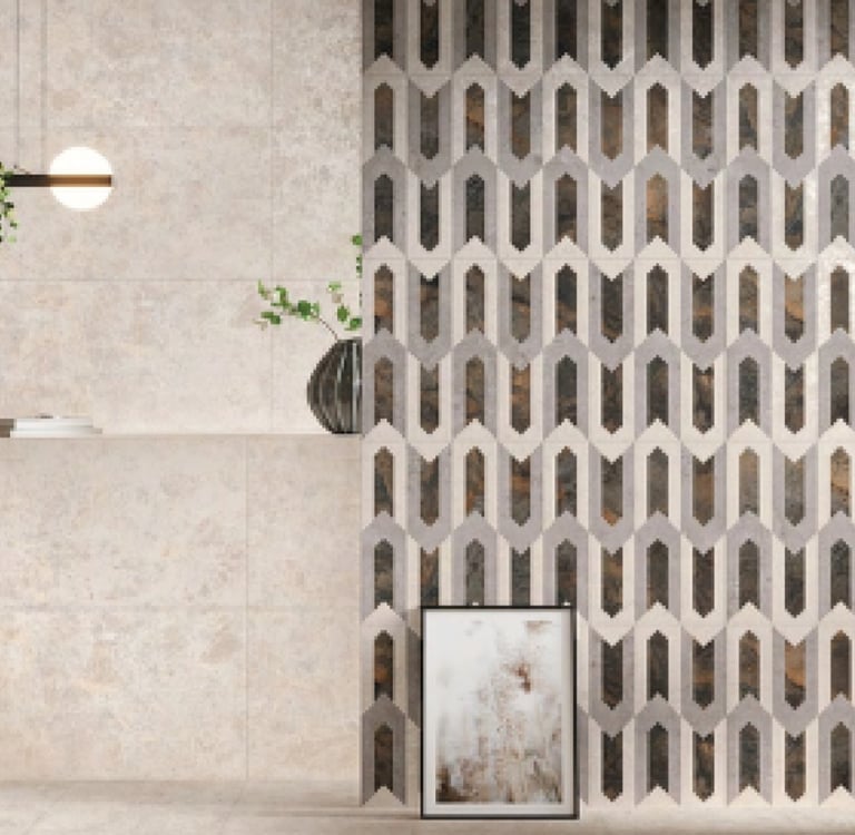Modern interior with a patterned wall featuring geometric, brown, and grey tiles