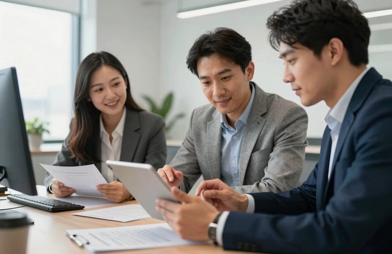 A group of professional colleagues in a bright, modern North American office environment discussing documents over a tablet, atmosphere of clarity.