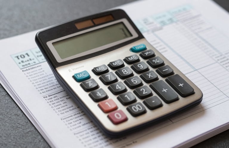 Close-up of a high-quality calculator and a neat stack of tax documents on a dark slate grey surface.