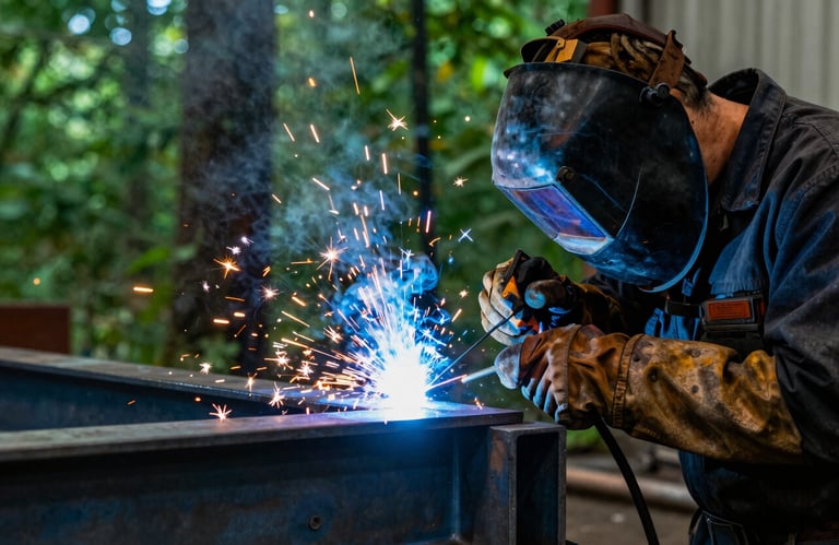 A close-up action shot of a professional welder working on a steel structure in a North American / New England industrial workshop, bright blue sparks contrasting with deep forest green shadows.