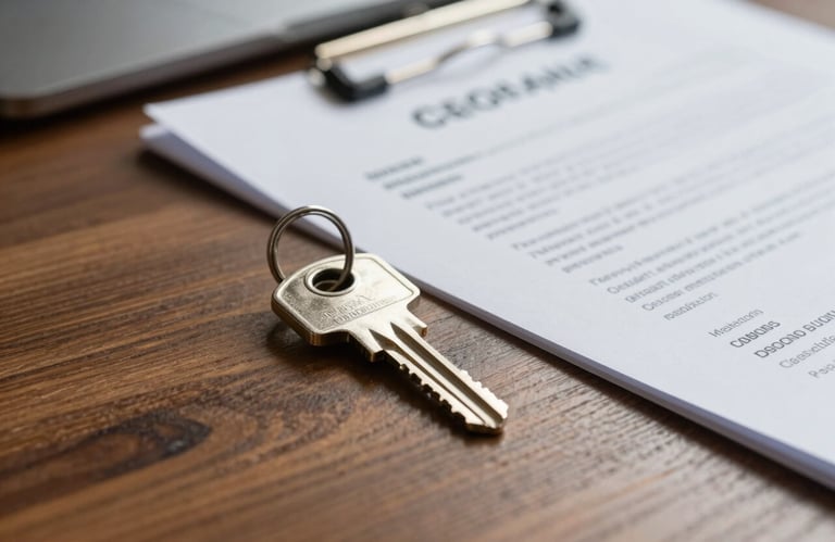 A close-up of a silver house key resting on a wooden desk next to a professional financial contract, focused lighting, professional finance office setting.