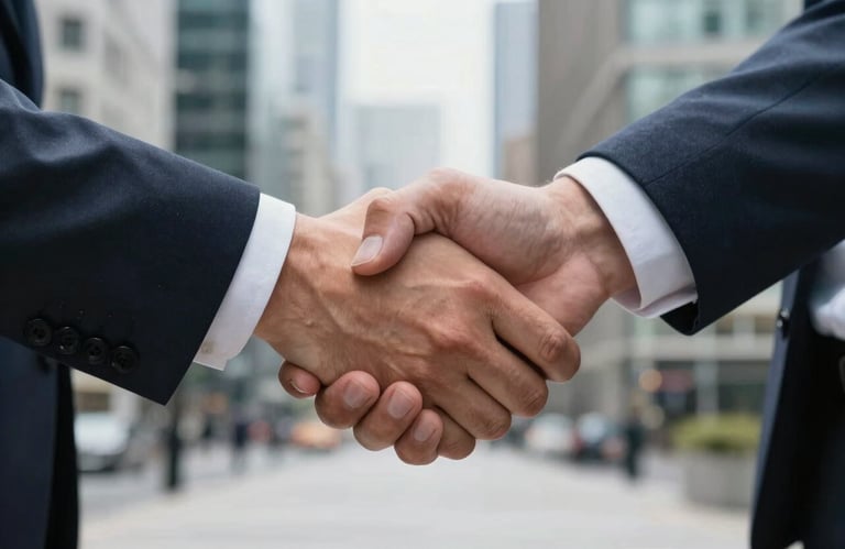 A close-up of a firm, professional handshake between two individuals in business attire, modern London office background, soft daylight, trust and partnership theme.