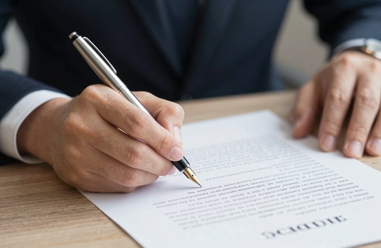 Detailed shot of a professional hand signing an official document with a premium fountain pen, symbolizing the finalization of a secure financial contract, soft lighting.