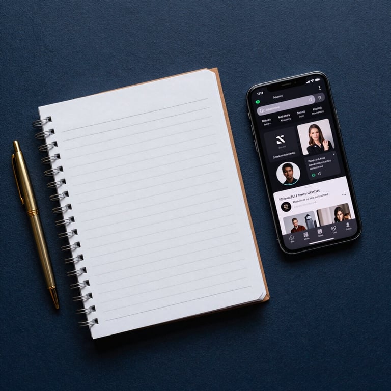 A top-down view of a designer notebook and a gold pen next to a high-end smartphone showing a content dashboard, set against a deep navy textured surface.