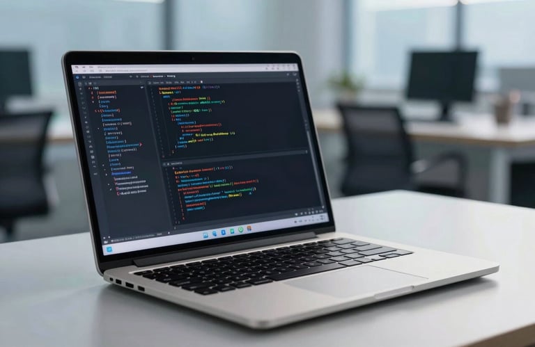 A high-end laptop showing complex code on the screen, situated on a clean desk in a Global / Tech Industry environment, with soft Sky Blue lighting.